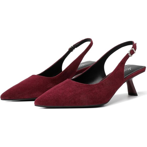 Mostrin Kitten Heels Burgundy Suede Low Slingback Heels with Buckle Dress Shoes - Picture 9 of 9